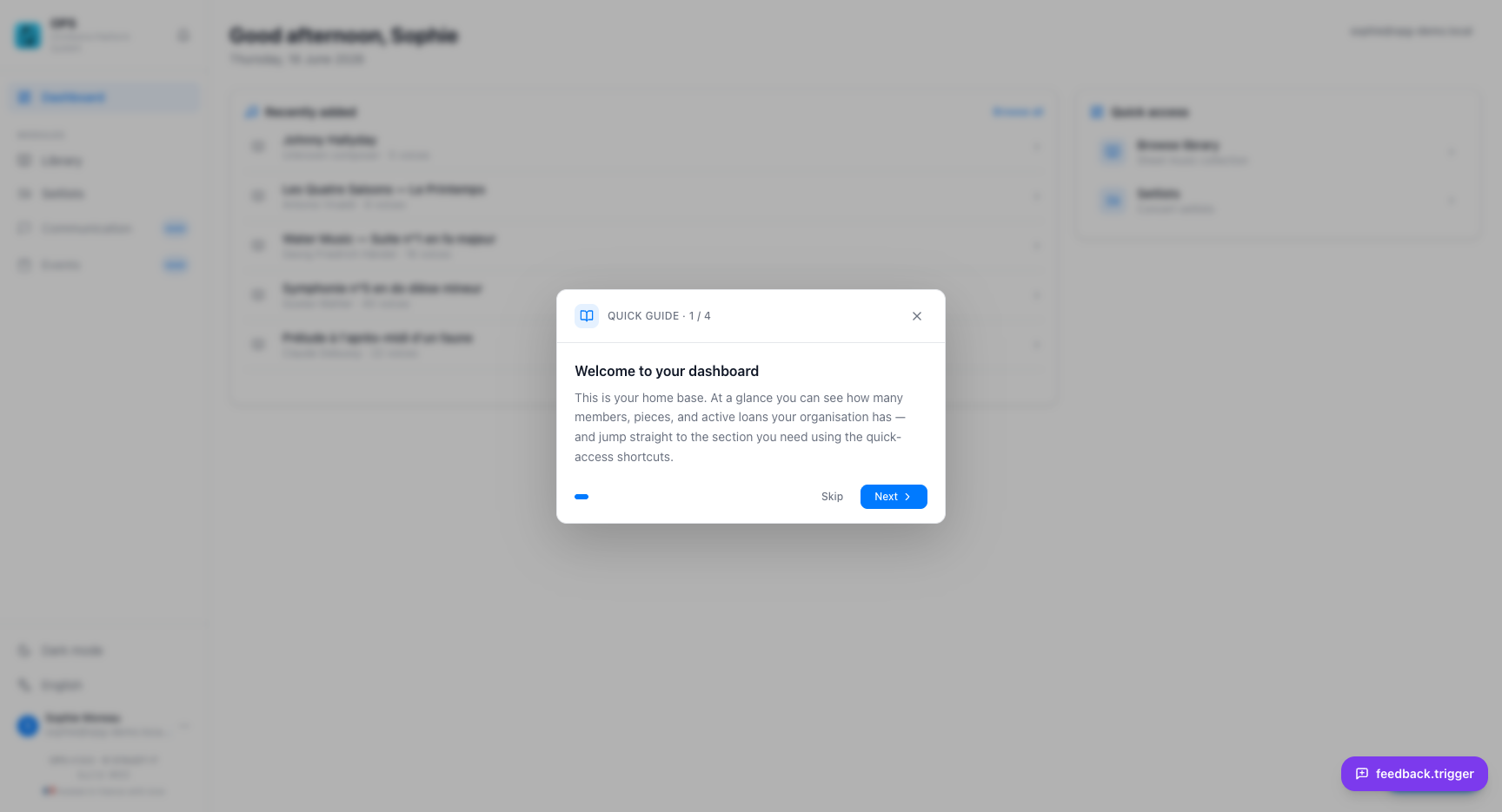Dashboard — recently added scores, quick navigation, and a guided tour for new users.
