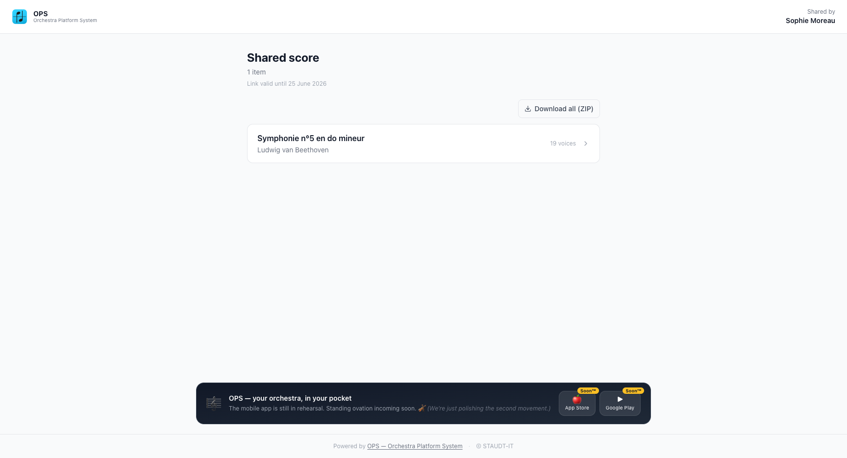 Public share page — a recipient downloads individual parts with no login required.